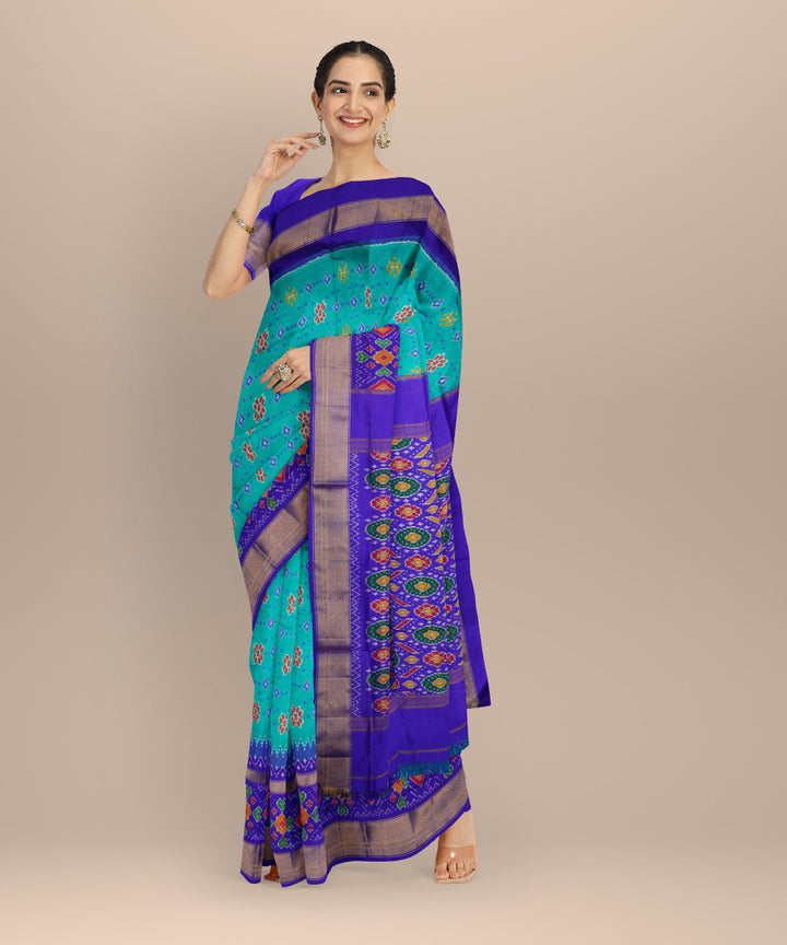 Cyan blue royal blue handloom pochampally ikat silk saree