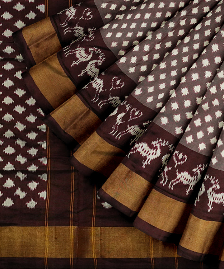 Brown white handloom pochampally ikat silk saree