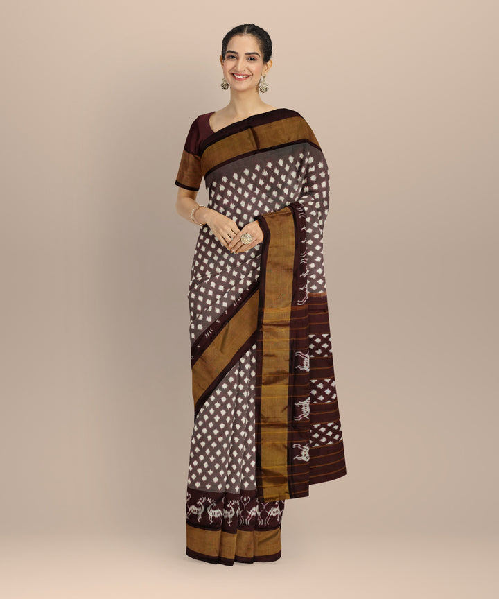 Brown white handloom pochampally ikat silk saree