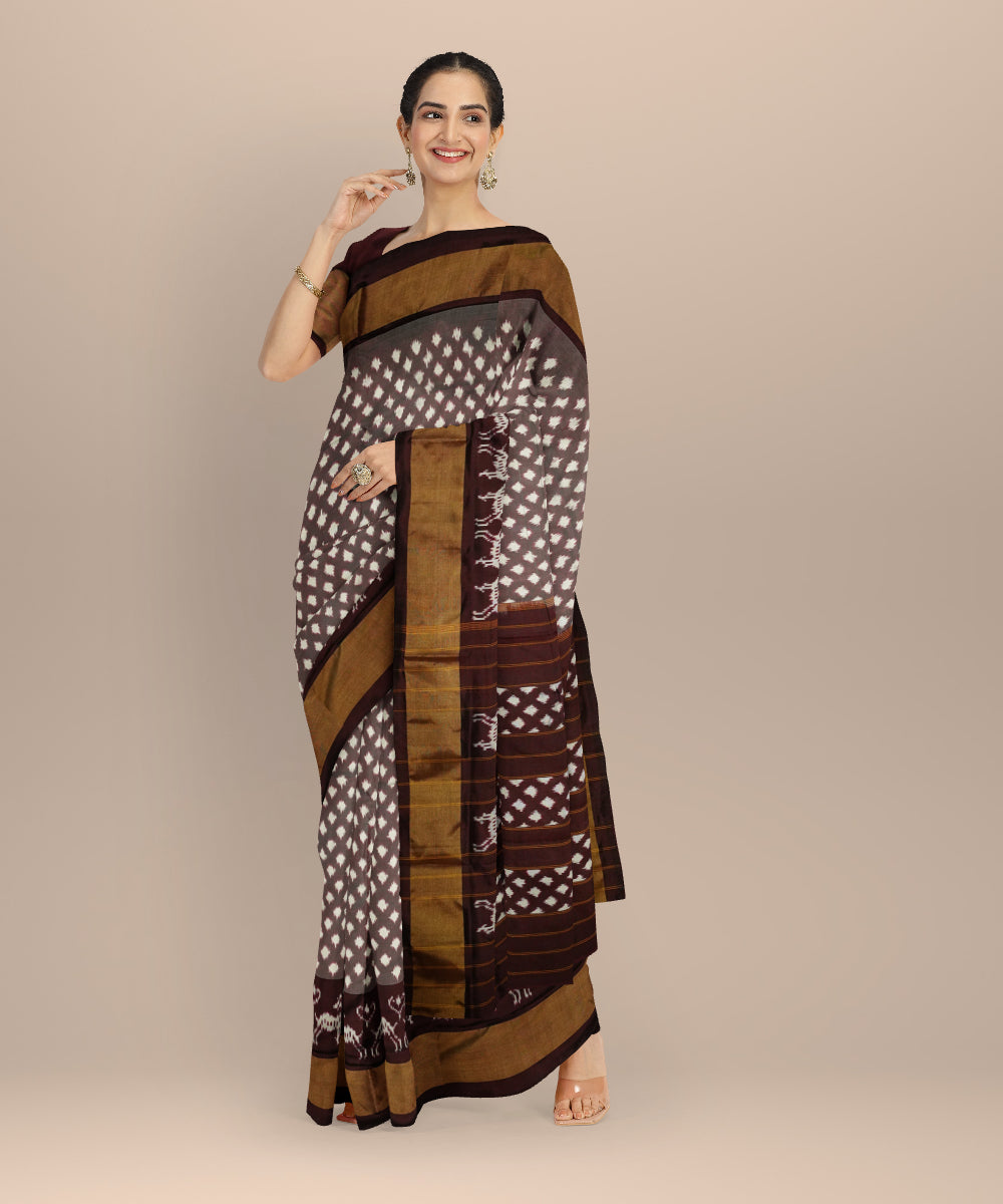 Brown white handloom pochampally ikat silk saree