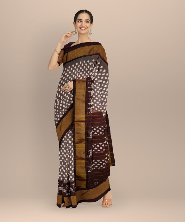 Brown white handloom pochampally ikat silk saree