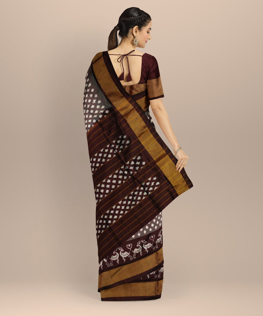 Brown white handloom pochampally ikat silk saree