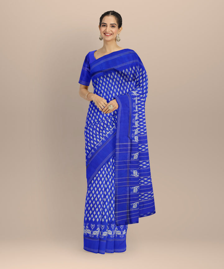Navy blue white hand loom pochampally ikat silk saree