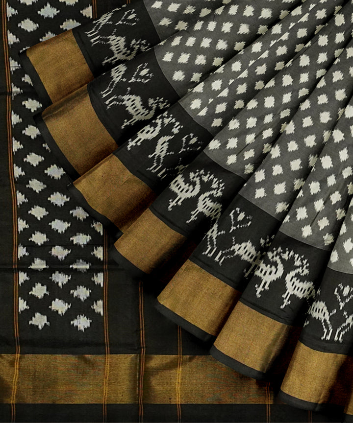 Grey white handloom pochampally ikat silk saree