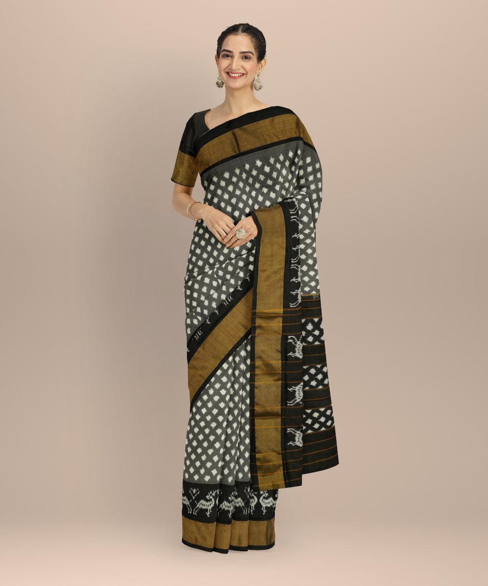 Grey white handloom pochampally ikat silk saree