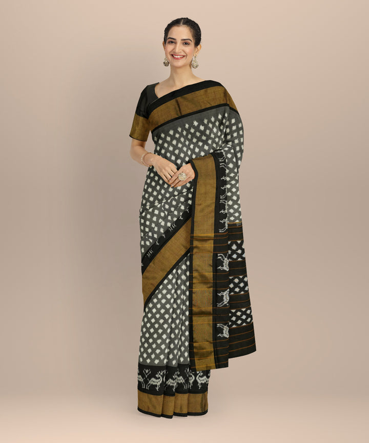 Grey white handloom pochampally ikat silk saree