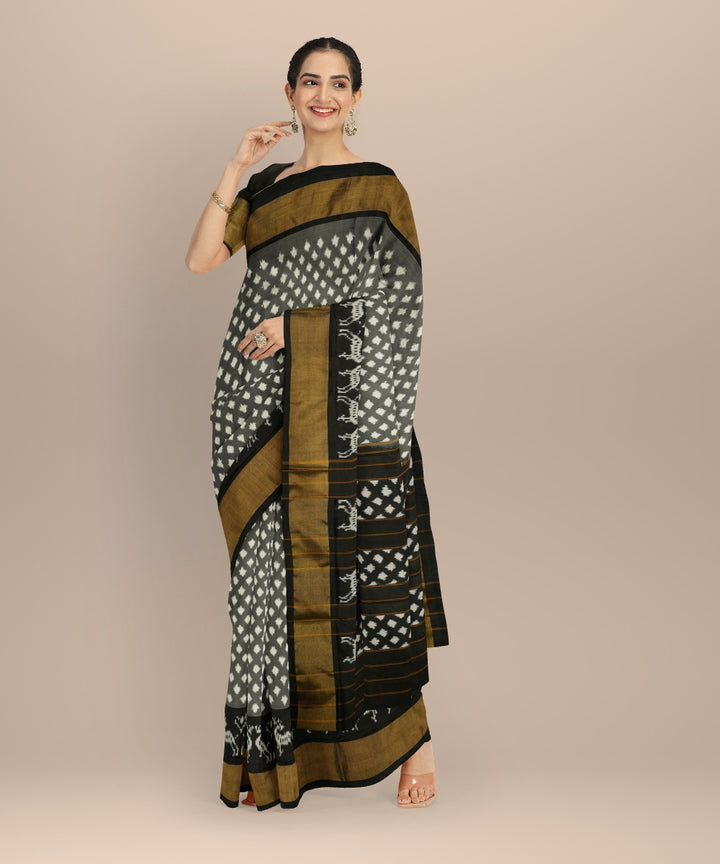 Grey white handloom pochampally ikat silk saree