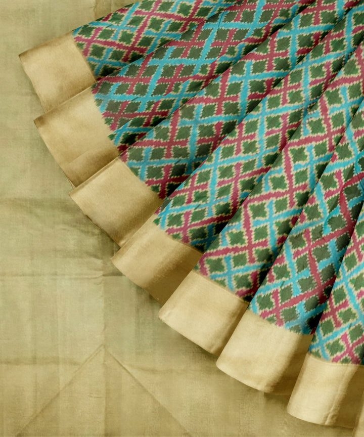 Sky blue green red handloom pochampally ikat silk saree