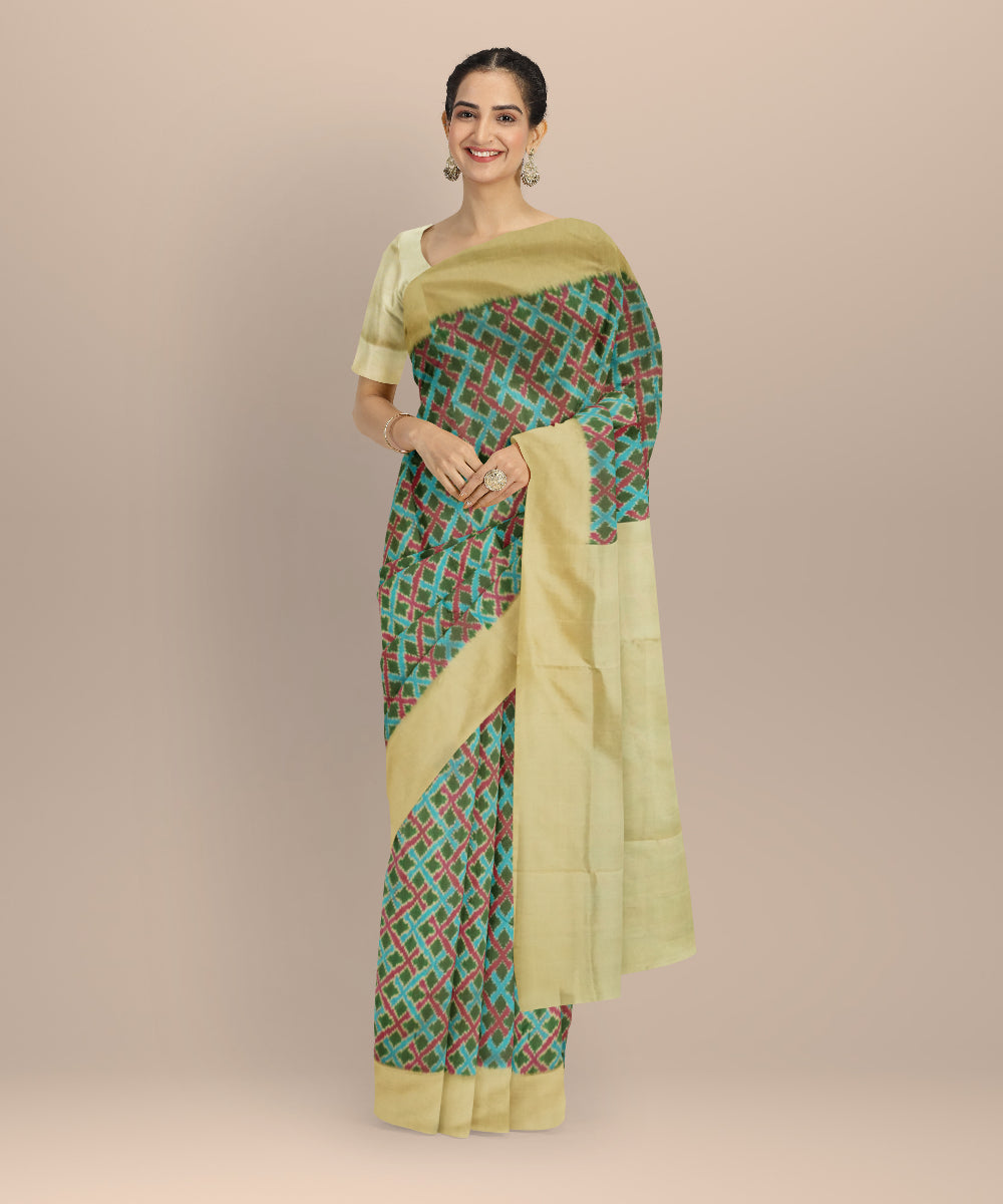 Sky blue green red handloom pochampally ikat silk saree