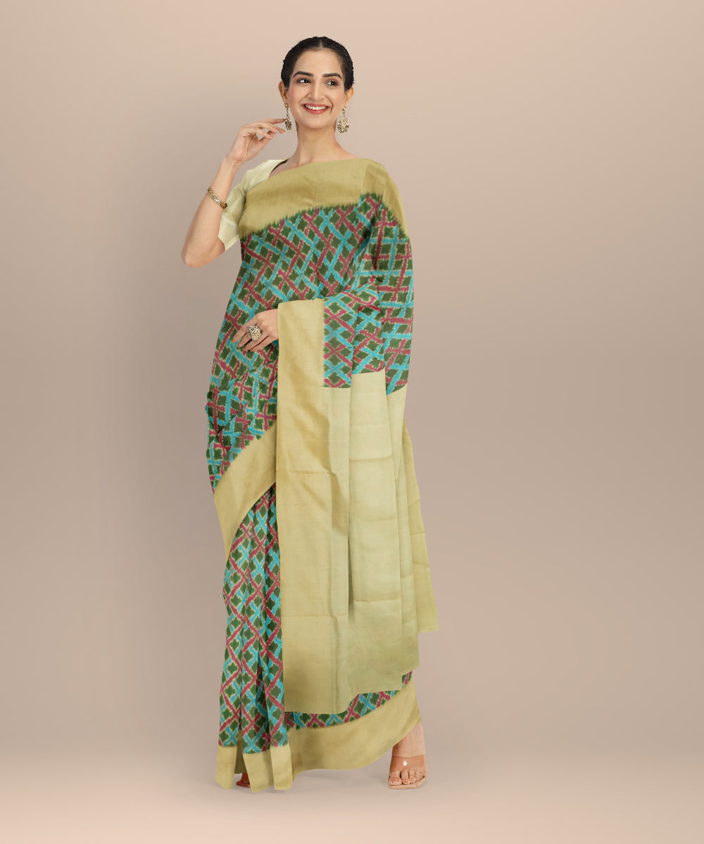 Sky blue green red handloom pochampally ikat silk saree