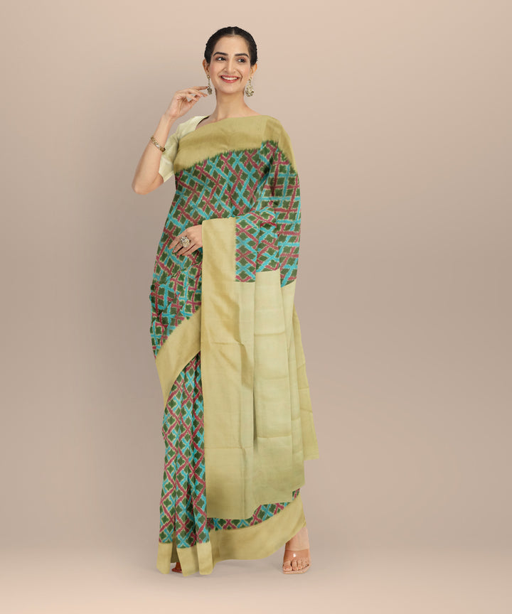 Sky blue green red handloom pochampally ikat silk saree