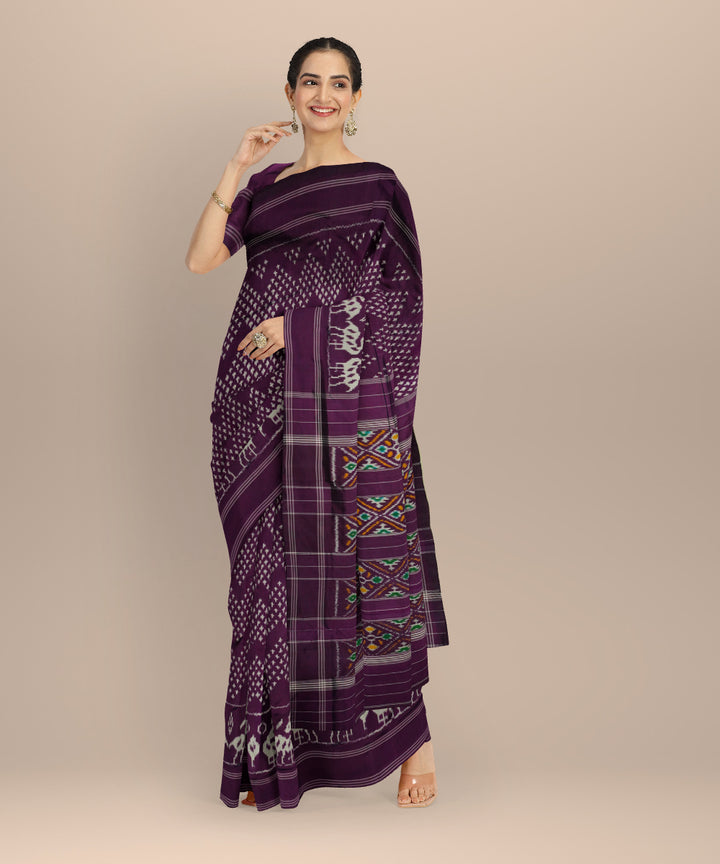 Purple white pochampally ikat silk handloom saree
