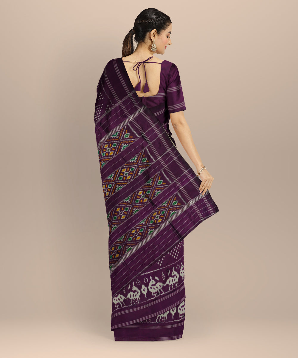 Purple white pochampally ikat silk handloom saree