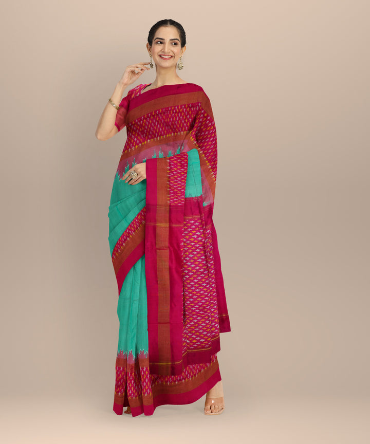 Cyan green majenta handloom pochampally ikat silk saree