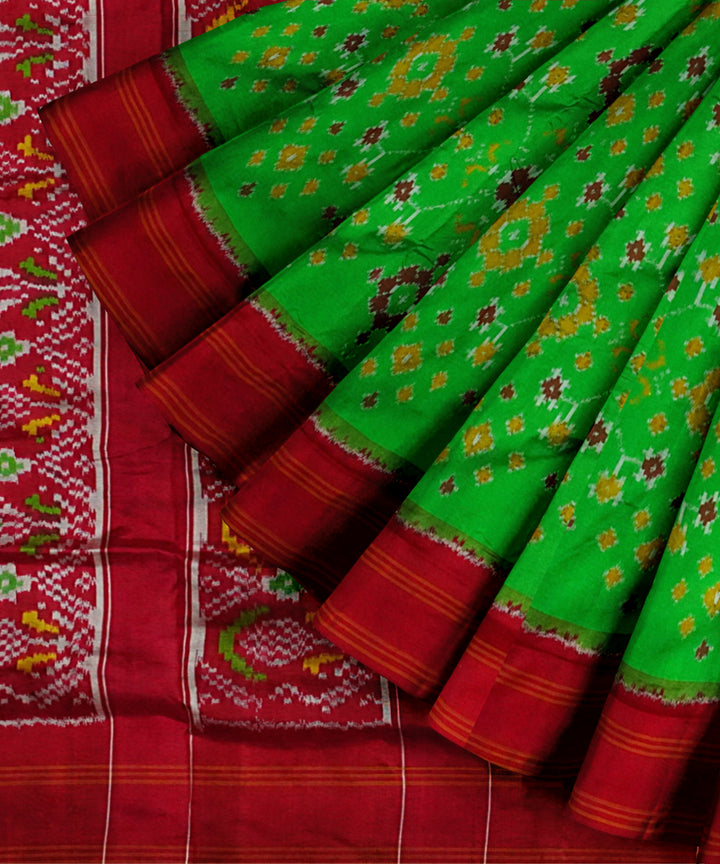 Parrot green red handloom pochampally ikat silk saree