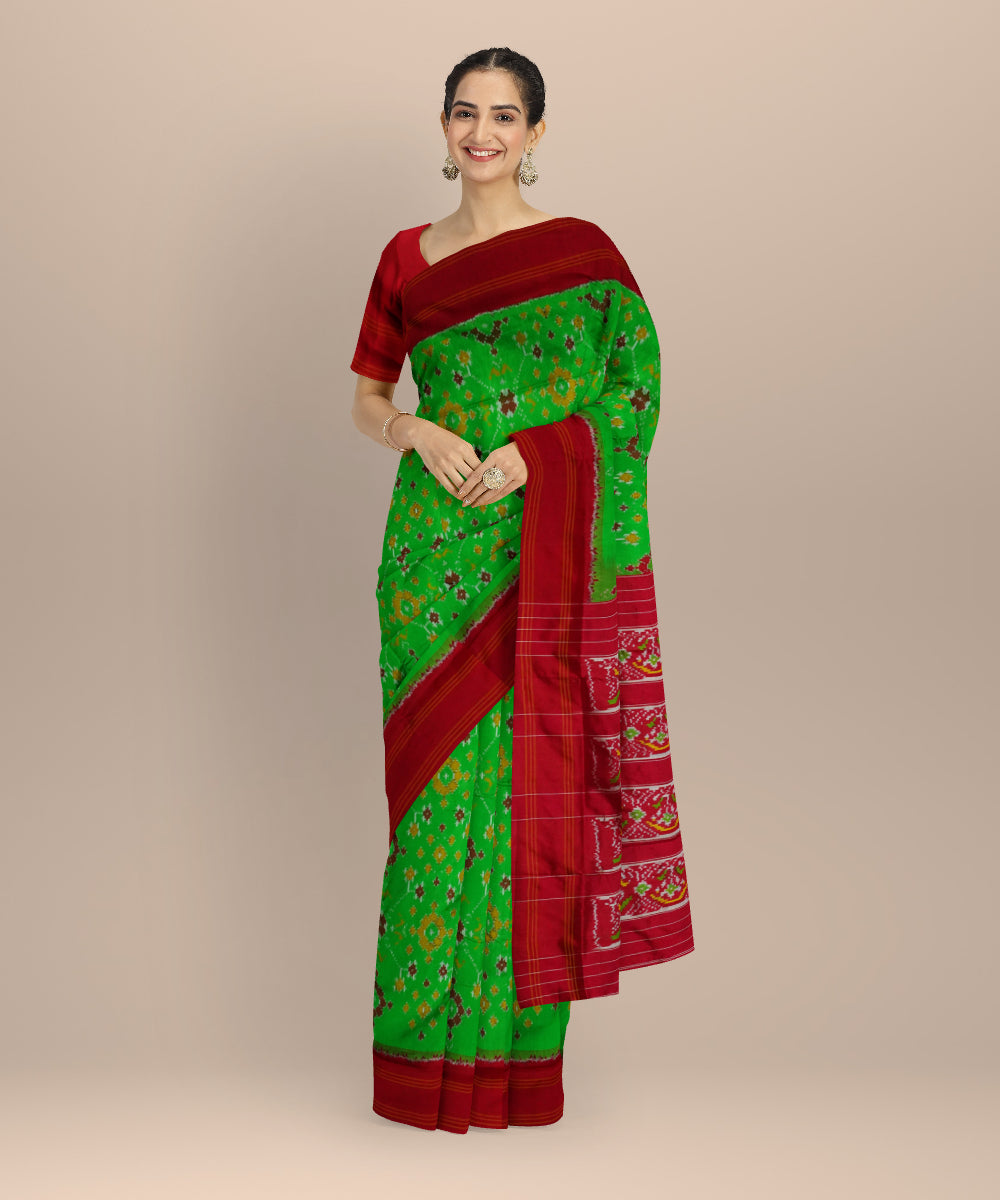 Parrot green red handloom pochampally ikat silk saree
