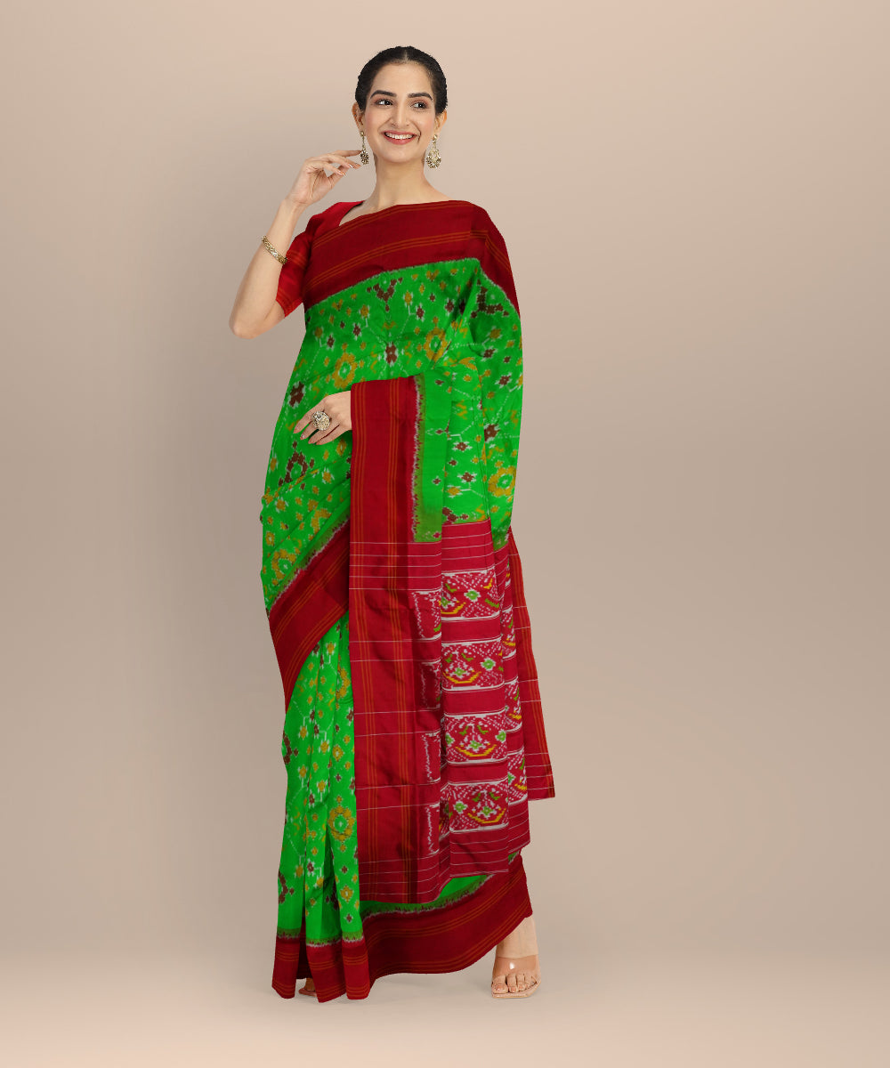 Parrot green red handloom pochampally ikat silk saree
