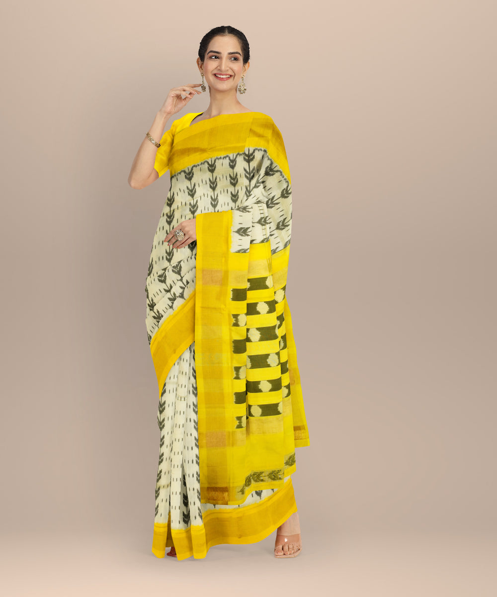 White yellow handloom pochampally ikat silk saree