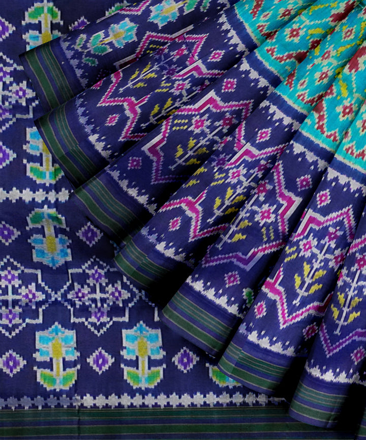 Sky blue navy blue handloom pochampally ikat silk saree