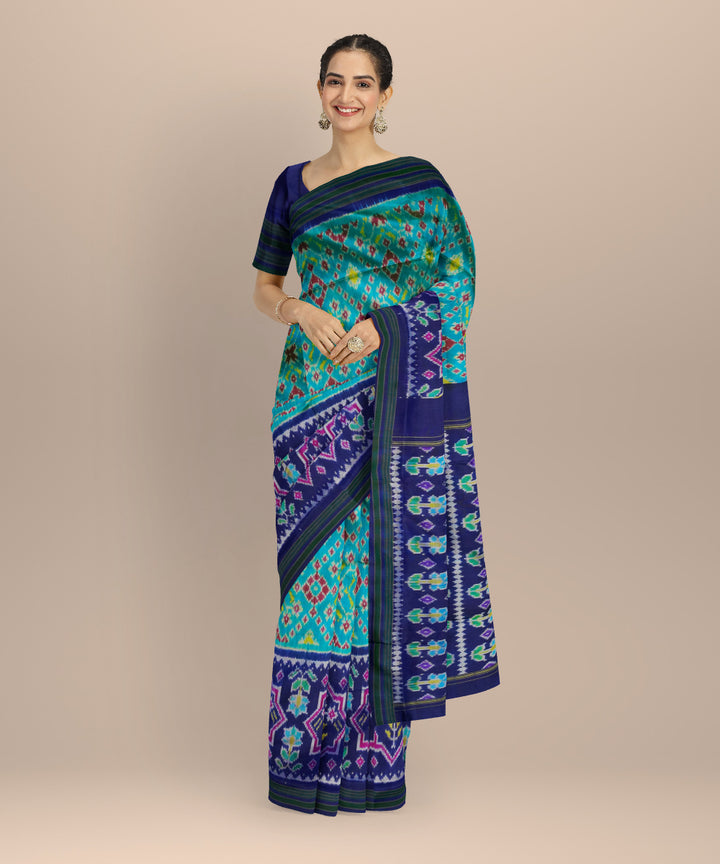 Sky blue navy blue handloom pochampally ikat silk saree