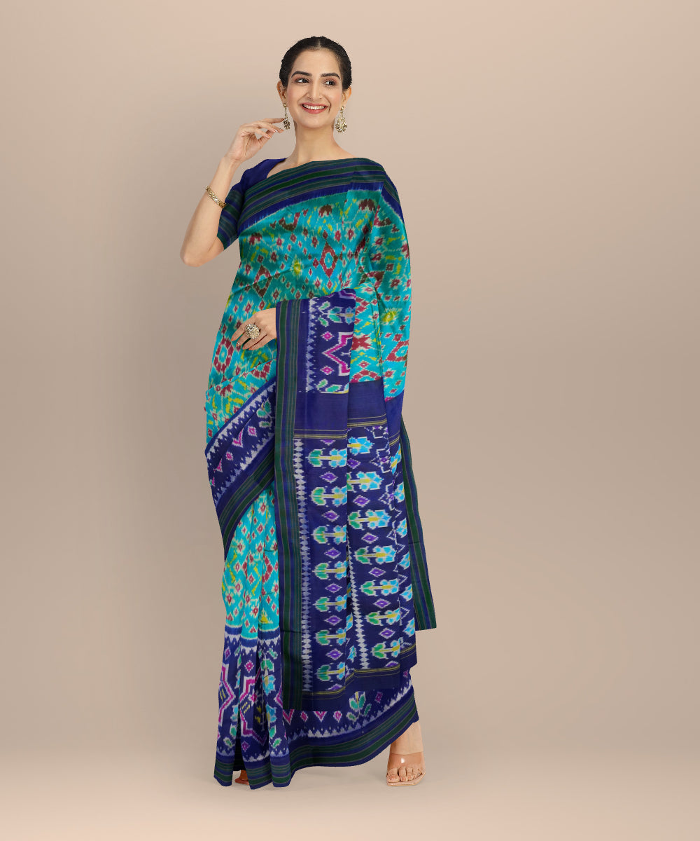 Sky blue navy blue handloom pochampally ikat silk saree