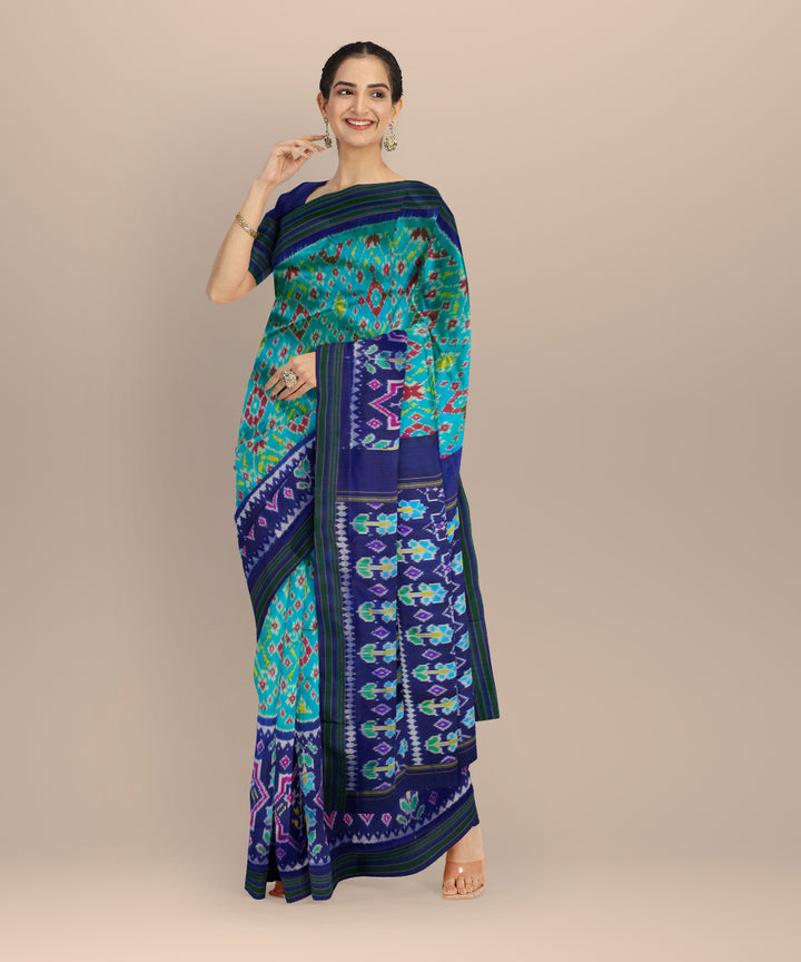 Sky blue navy blue handloom pochampally ikat silk saree