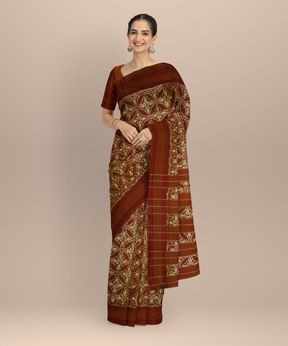 Brown grey handloom pochampally ikat silk saree