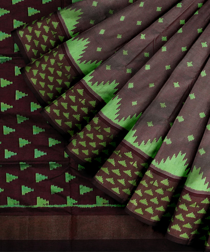 Brown green pochampally ikat silk handloom saree