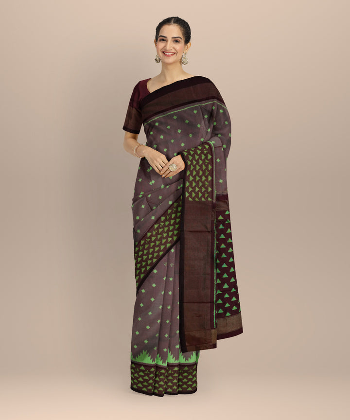 Brown green pochampally ikat silk handloom saree