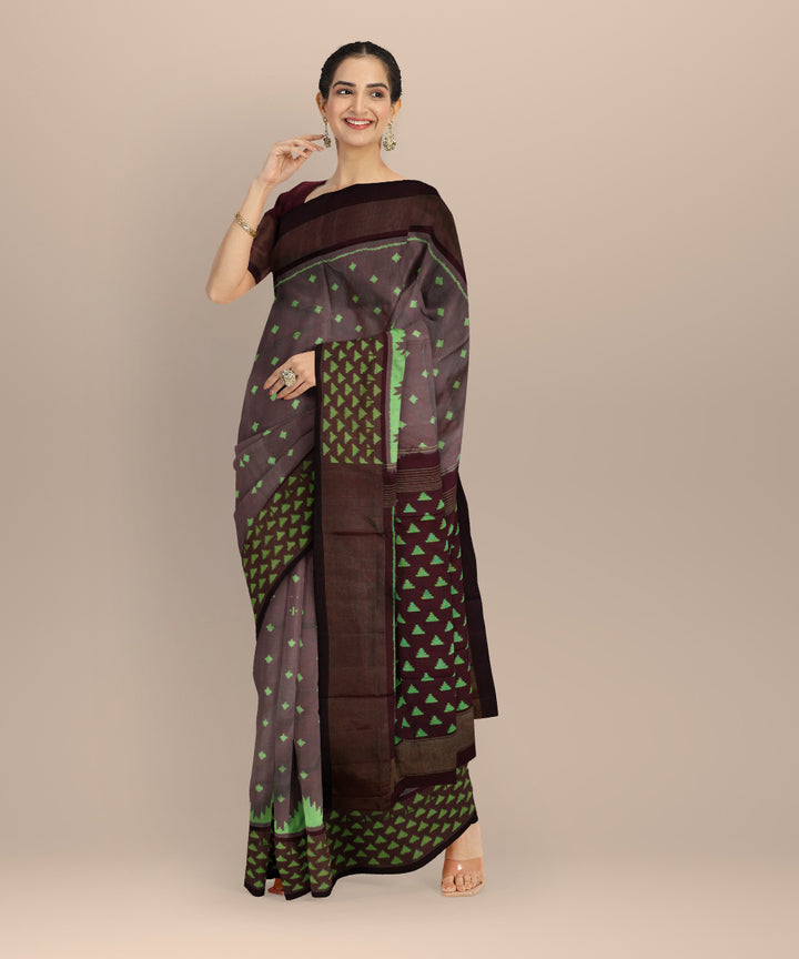 Brown green pochampally ikat silk handloom saree