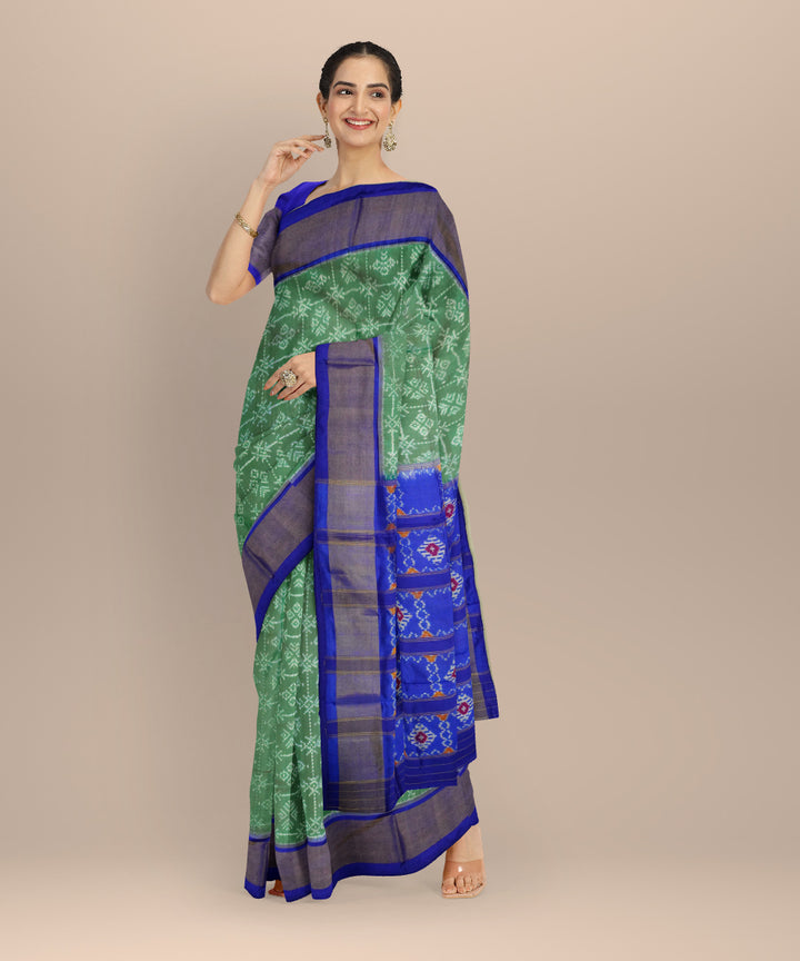 Cyan green royal blue handloom pochampally ikat silk saree