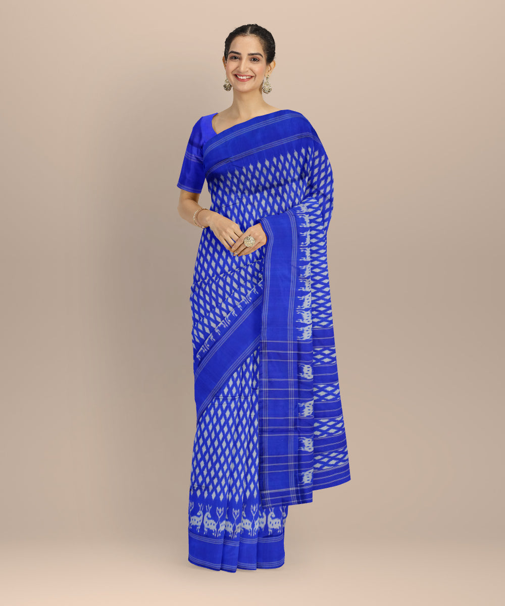 Royal blue white handloom pochampally ikat silk saree