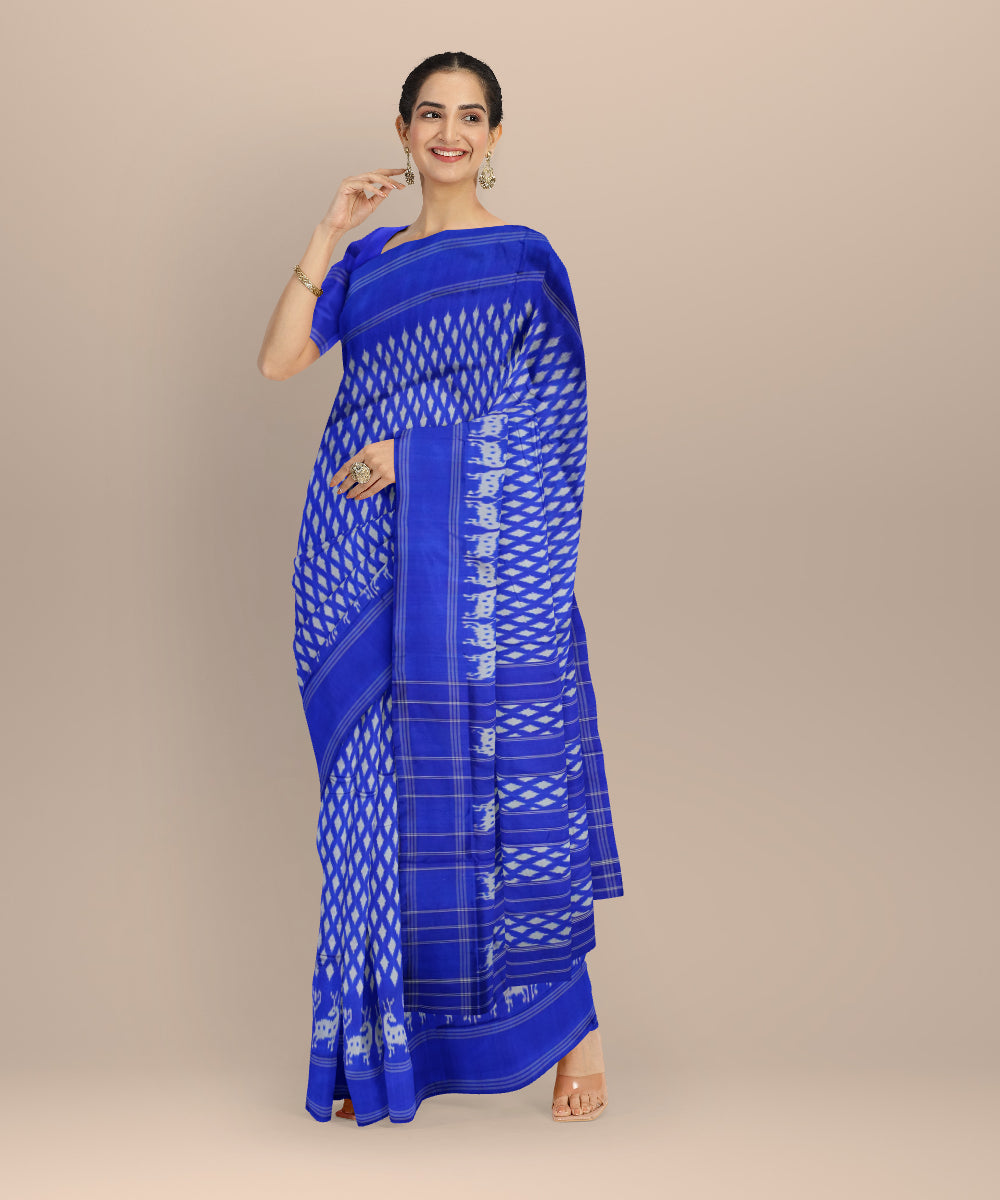 Royal blue white handloom pochampally ikat silk saree