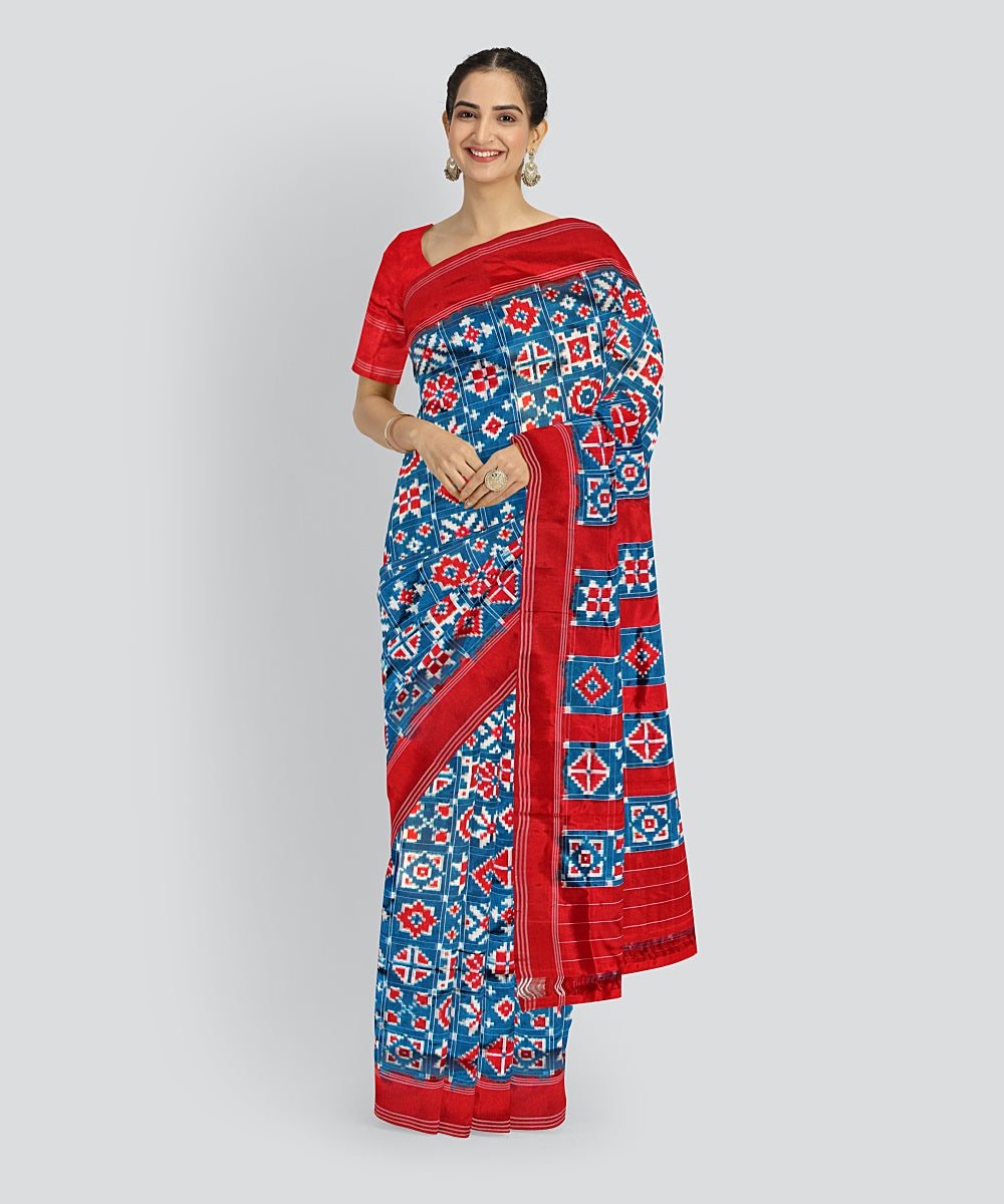 Sky blue red silk handloom telia rumal saree