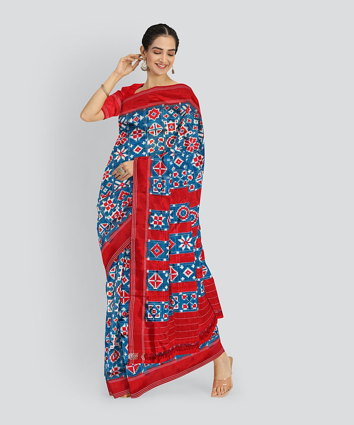 Sky blue red silk handloom telia rumal saree