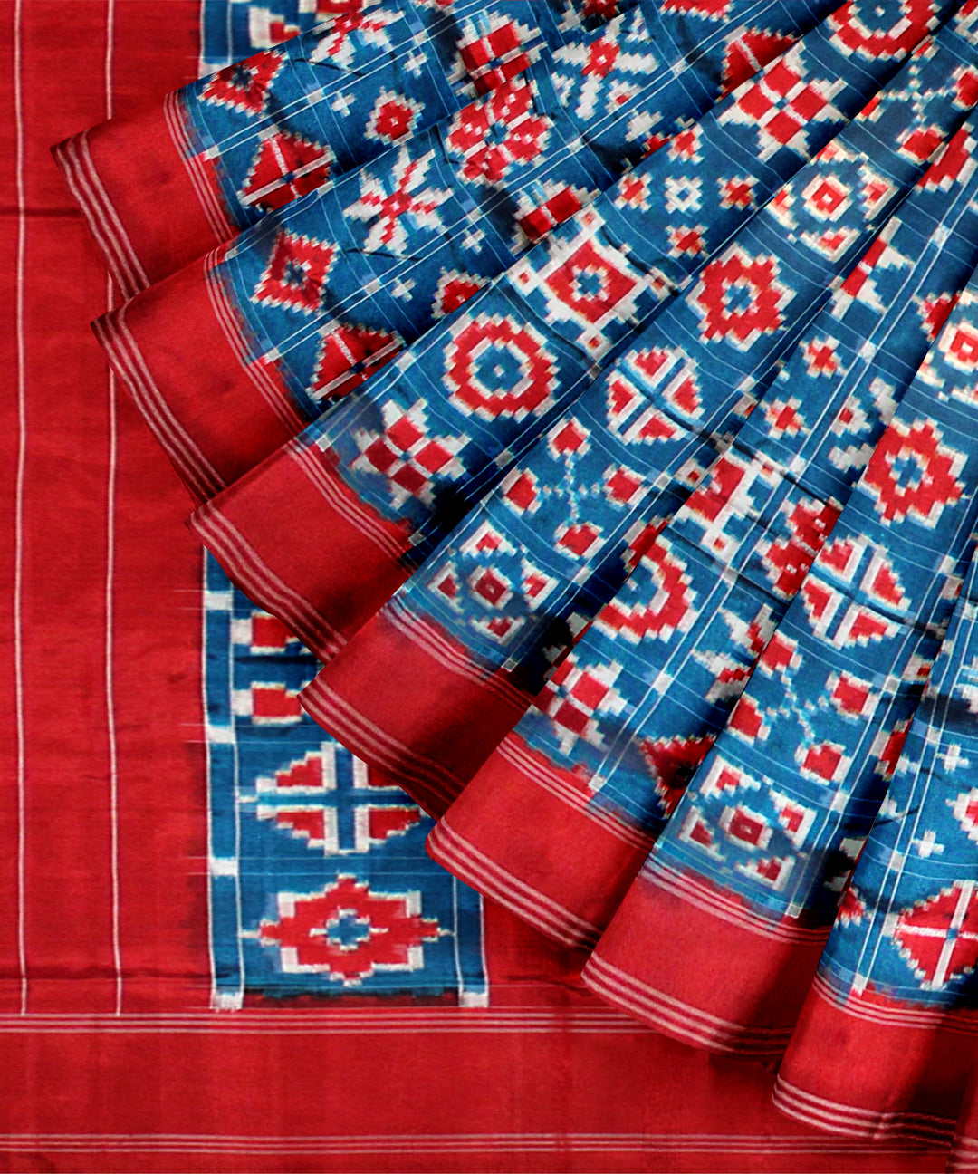 Sky blue red silk handloom telia rumal saree