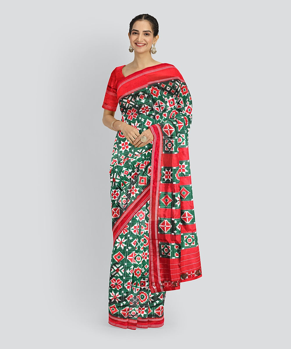 Dark green red silk handloom telia rumal saree
