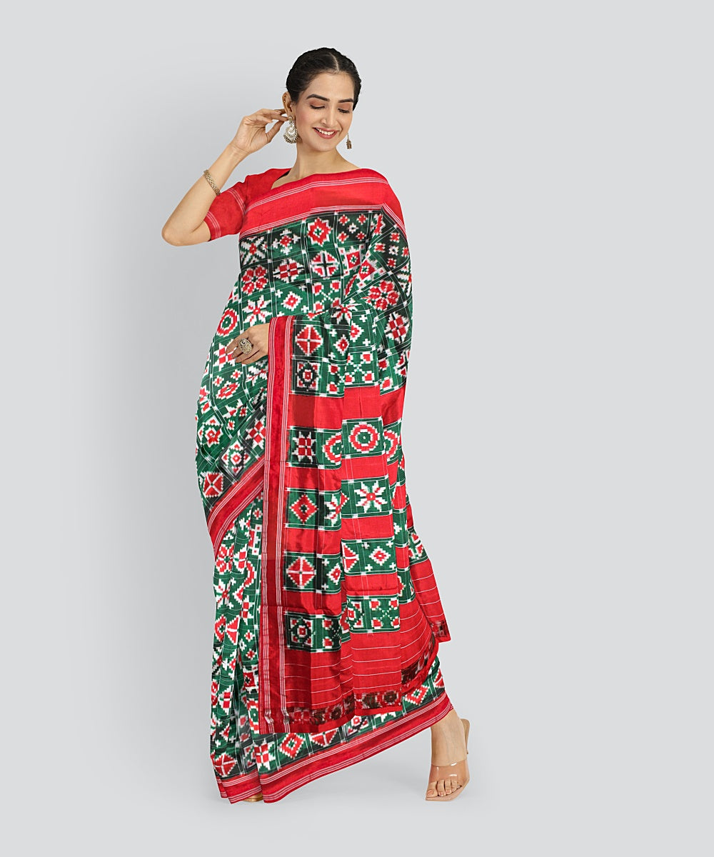 Dark green red silk handloom telia rumal saree