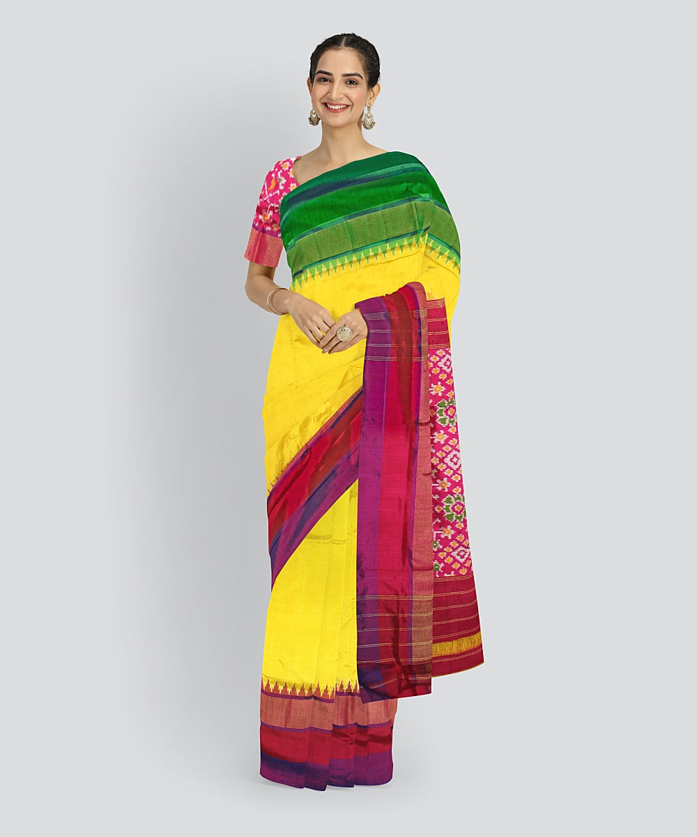 Multicolor yellow silk handloom pochampalli ikkat saree