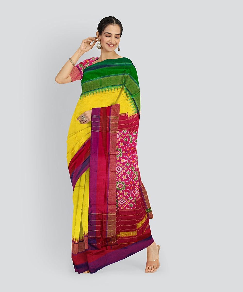 Multicolor yellow silk handloom pochampalli ikkat saree
