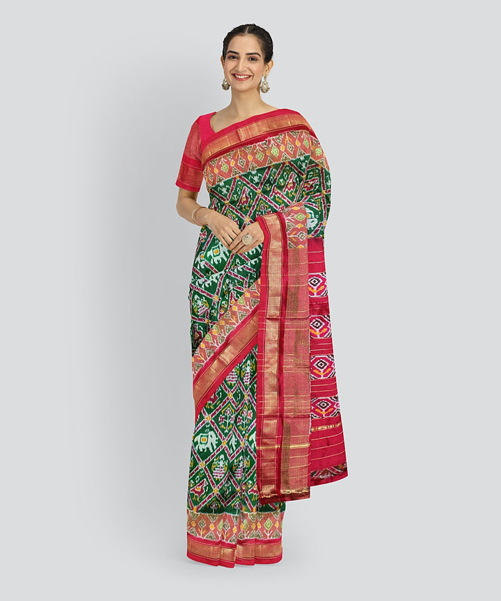Dark green red silk handloom pochampalli ikkat saree