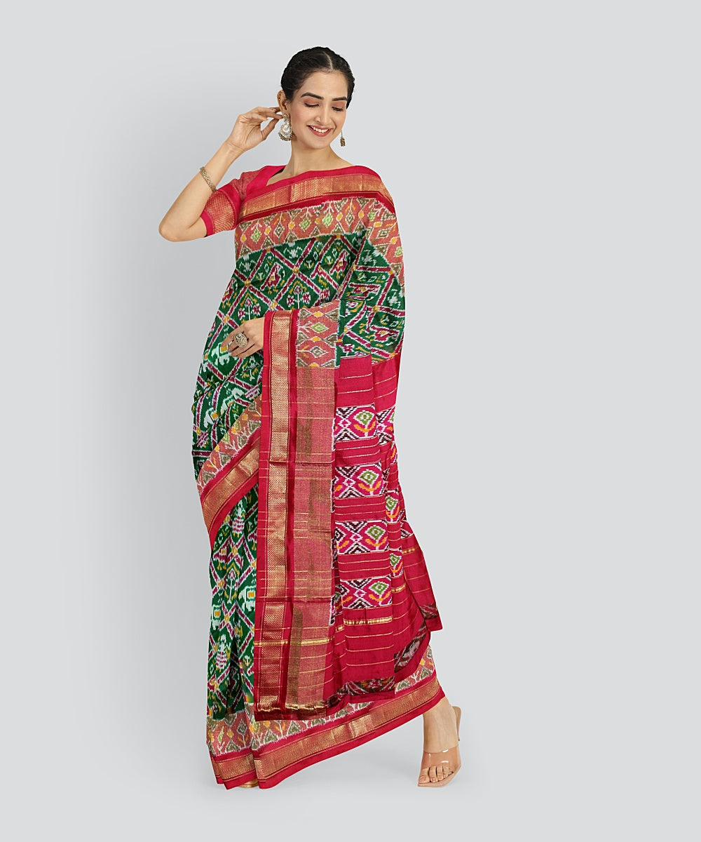 Dark green red silk handloom pochampalli ikkat saree