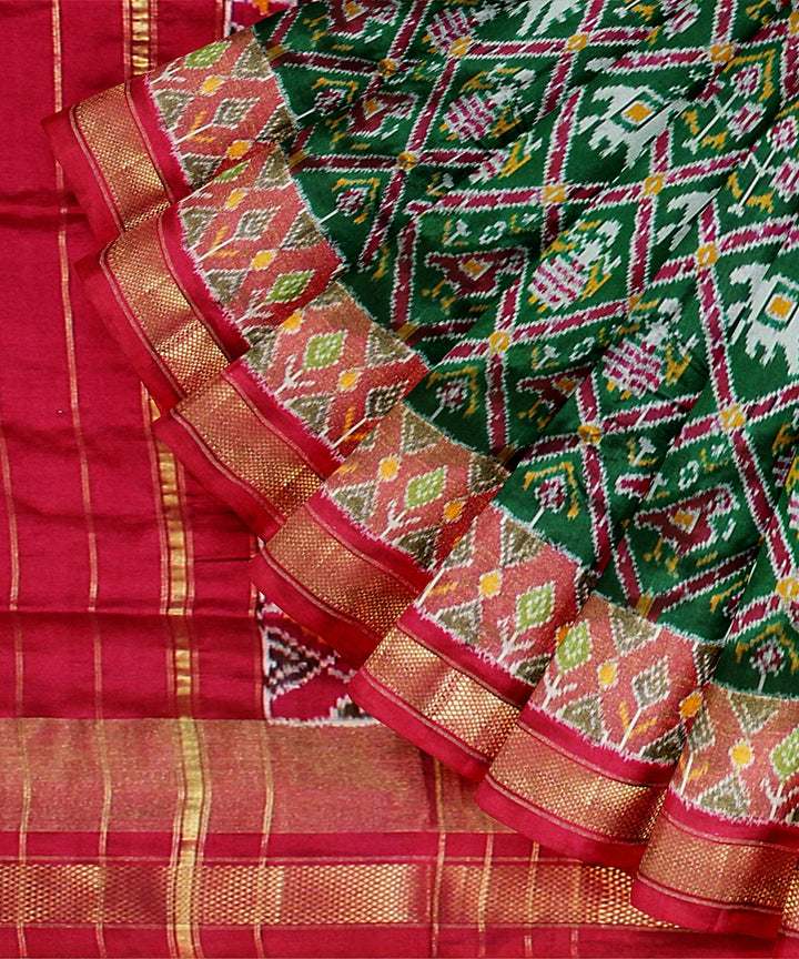 Dark green red silk handloom pochampalli ikkat saree