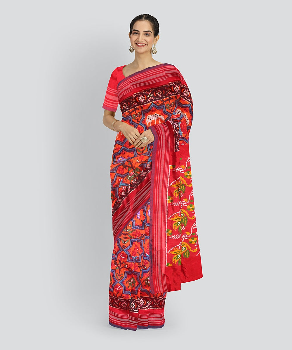 Multicolor red pochampalli ikkat silk handloom saree