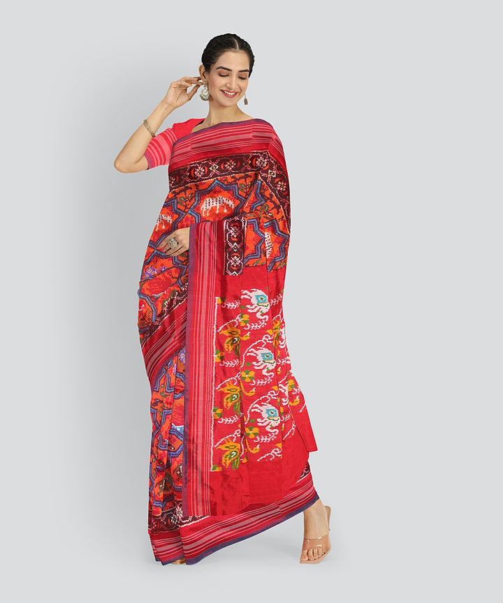 Multicolor red pochampalli ikkat silk handloom saree