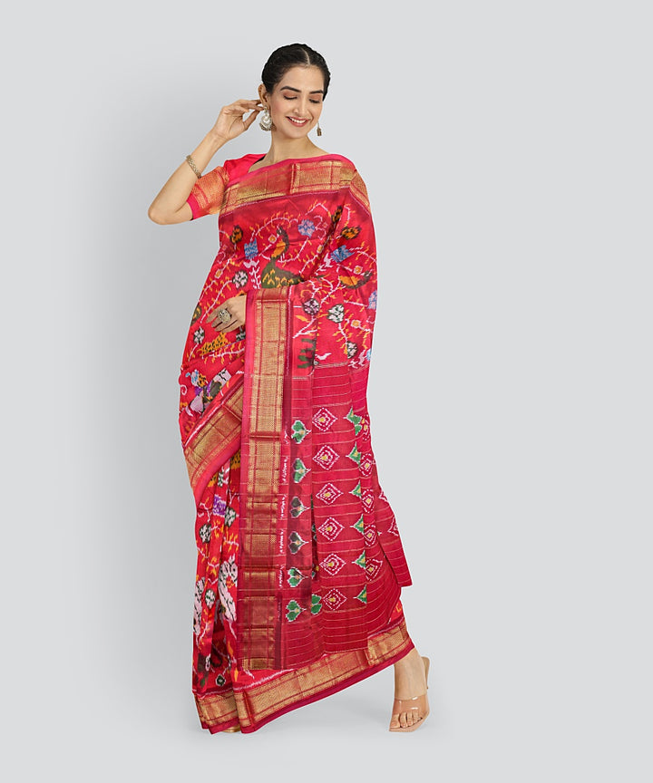 Multicolor pink hand loom silk pochampalli ikkat saree
