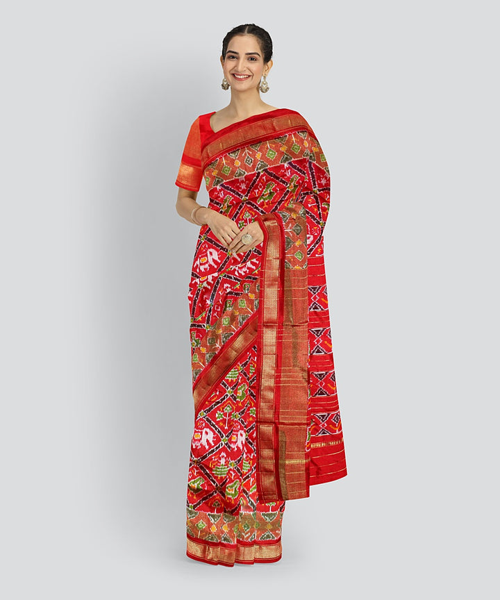 Multicolor red hand loom pochampalli ikkat silk saree