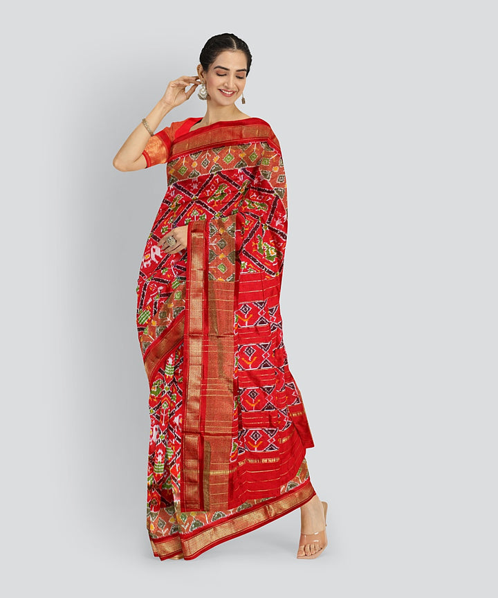 Multicolor red hand loom pochampalli ikkat silk saree