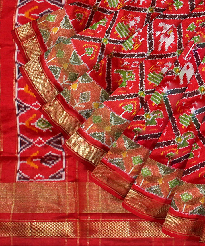 Multicolor red hand loom pochampalli ikkat silk saree