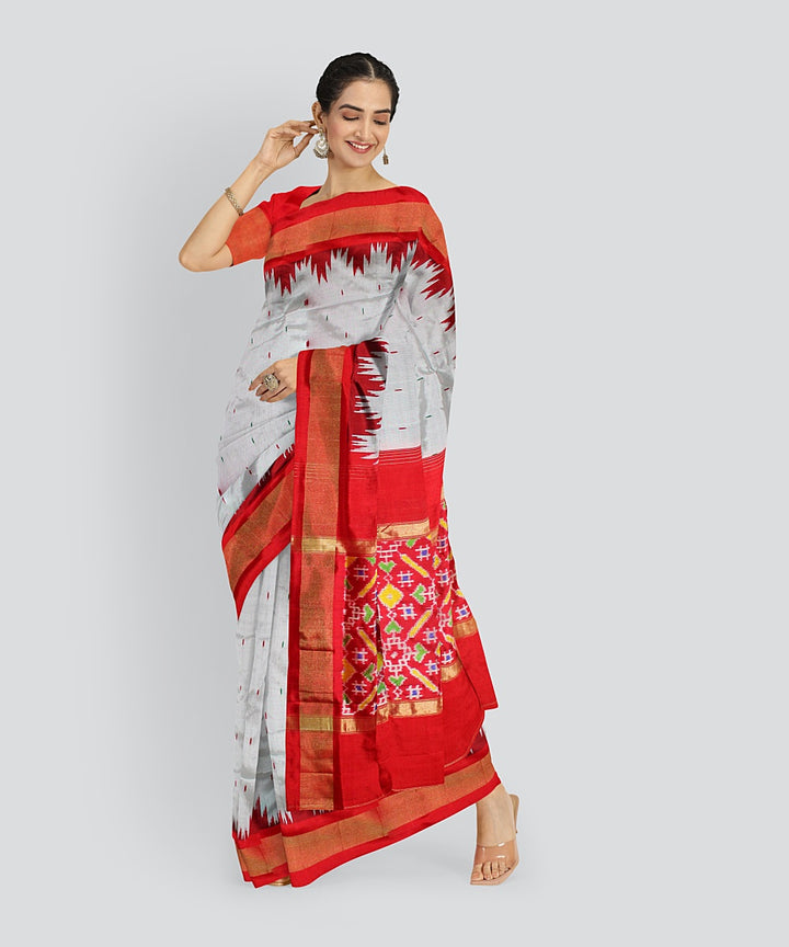 Grey red silk handloom pochampalli ikkat saree